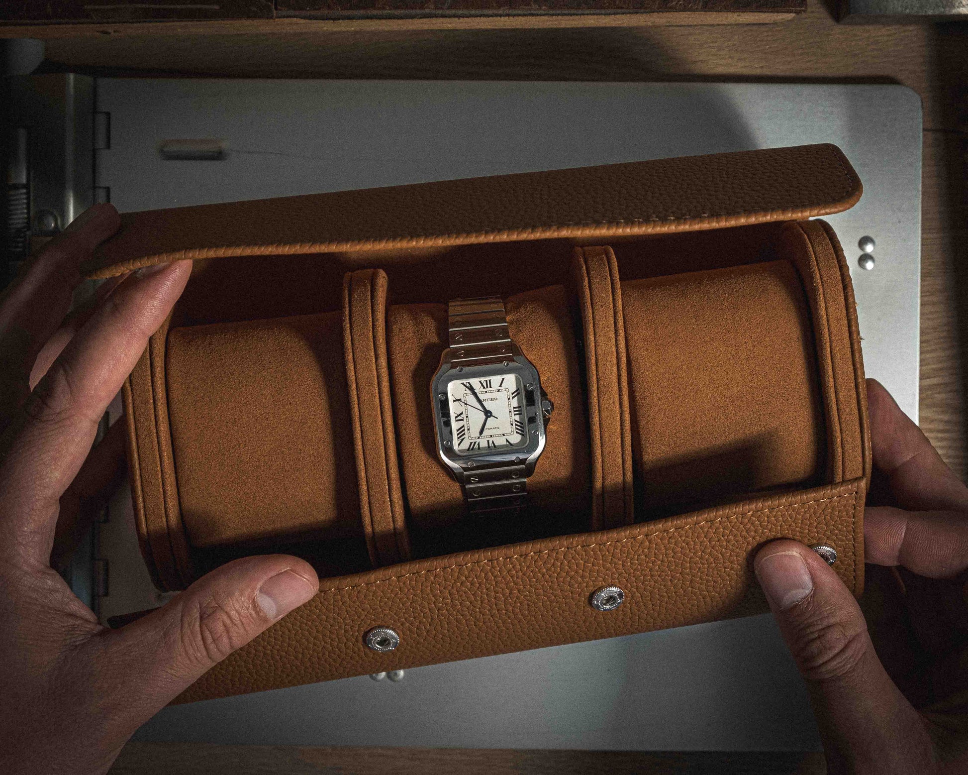 Brown watch case watchroll leather Cartier Santos